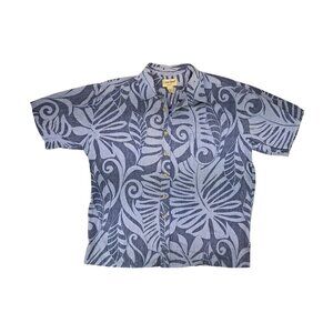Vintage Cooke Street Honolulu Blue Leaf Aloha Button-Up Shirt XL Hawaiian Tiki